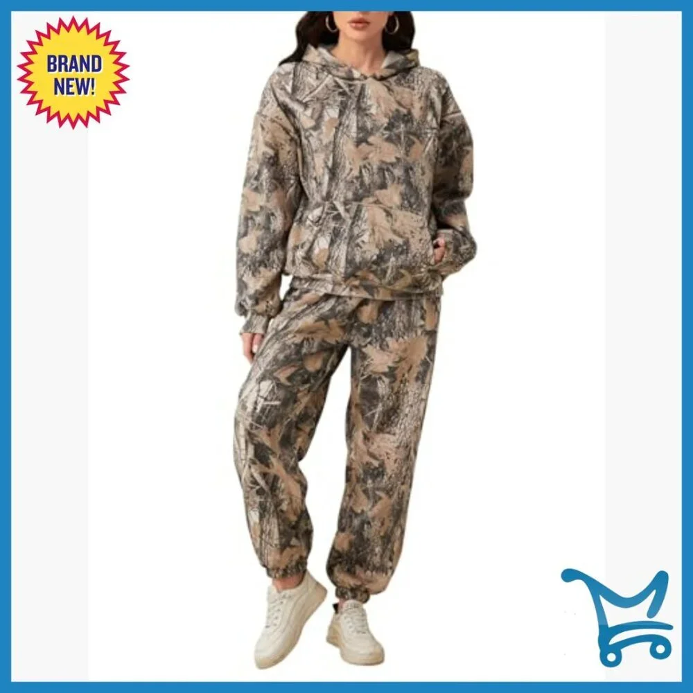 Women's Camo Sweatsuit Set, Fleece Lined Hoodie & Joggers, Loose Fit